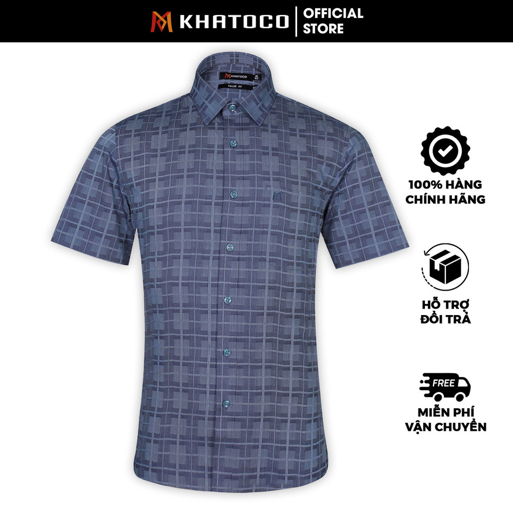 Sơ Mi Caro Tay Ngắn Màu Xanh, Form Tailor Fit Chống Nhăn, Lai Ngang - Áo Nam Khatoco