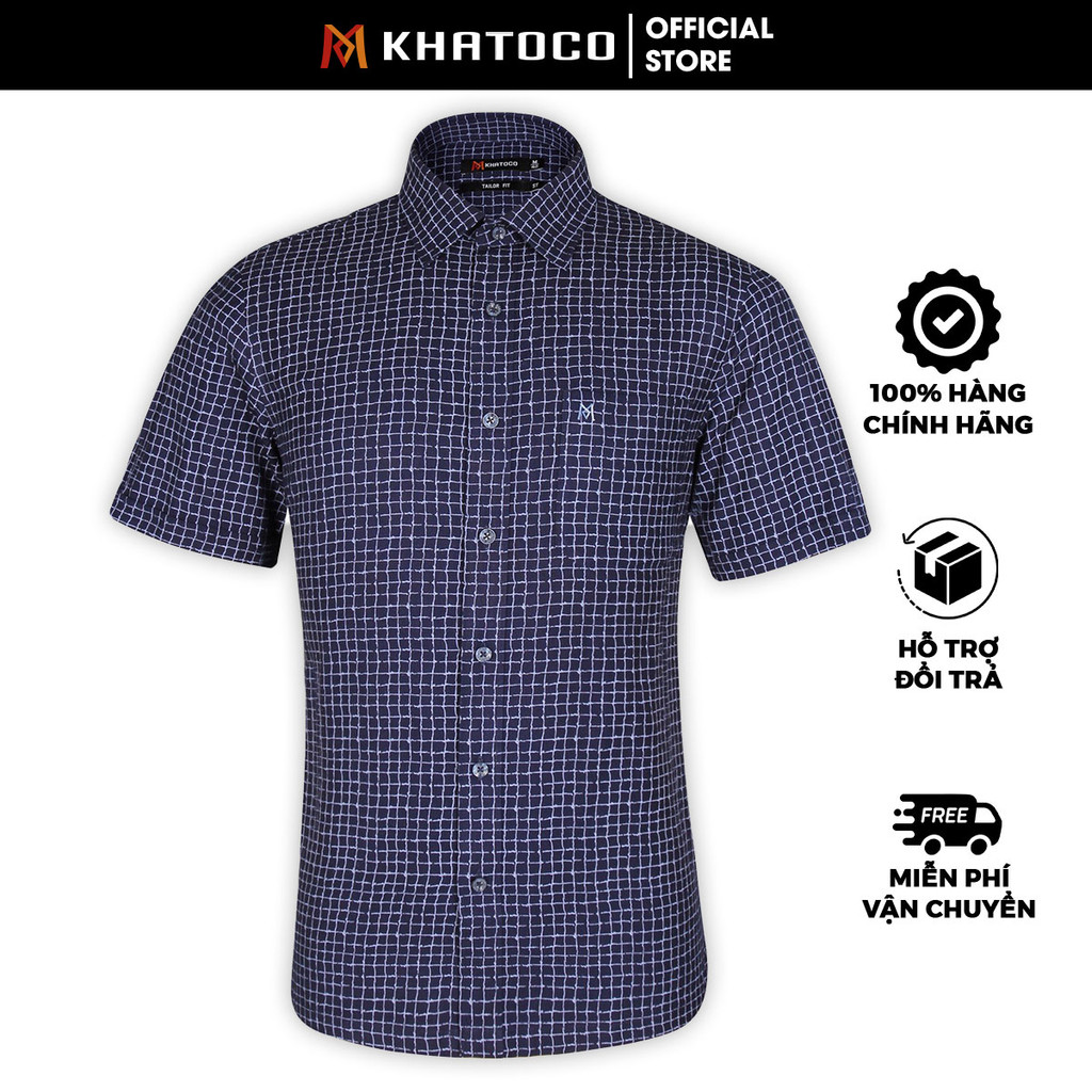 Sơ Mi Caro Tay Ngắn Màu Xanh Navy, Form Tailor Fit Chống Nhăn, Lai Ngang - Áo Nam Khatoco