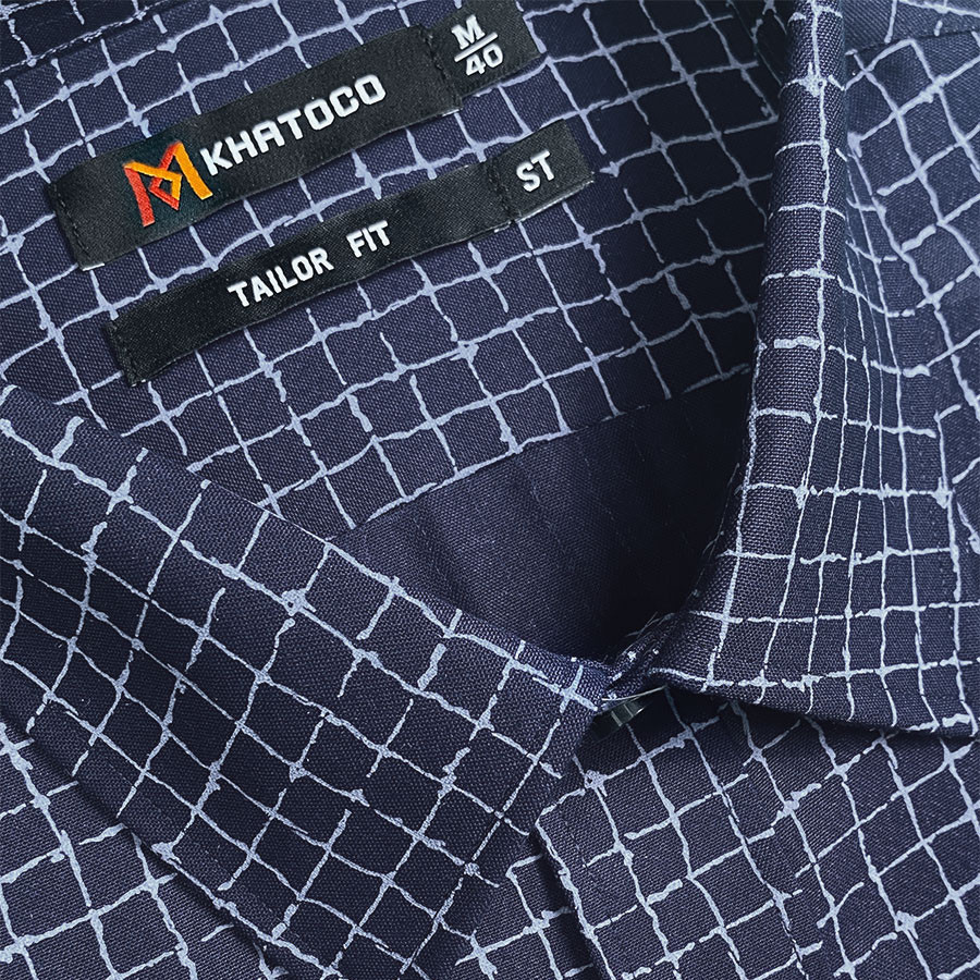 Sơ Mi Caro Tay Ngắn Màu Xanh Navy, Form Tailor Fit Chống Nhăn, Lai Ngang - Áo Nam Khatoco