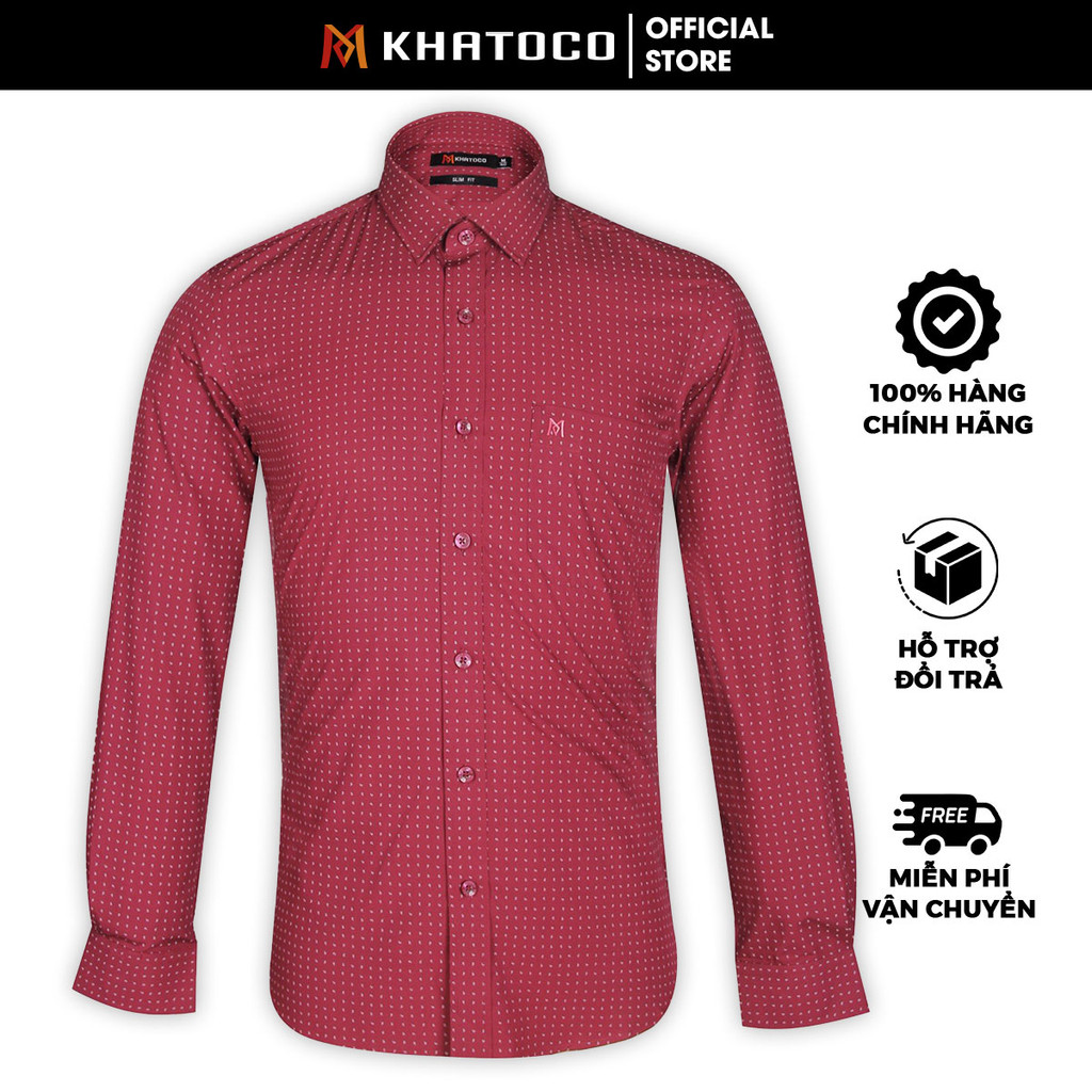 Sơ Mi Họa Tiết Tay Dài Màu Đỏ Đô - Xám, Form Slim Fit Chống Nhăn, Lai Bầu - Áo Nam Khatoco