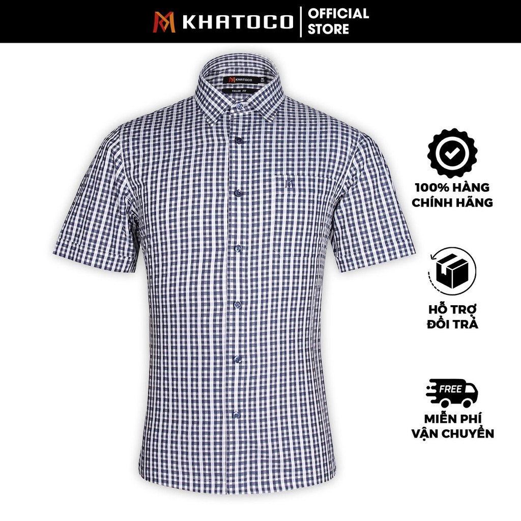 Sơ Mi Caro Tay Ngắn, Màu Xanh Navy - Trắng, Form Tailor Fit Chống Nhăn, Lai Ngang - Áo Nam Khatoco