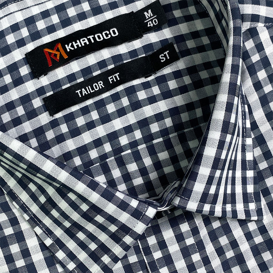Sơ Mi Caro Tay Ngắn, Màu Xanh Navy - Trắng, Form Tailor Fit Chống Nhăn, Lai Ngang - Áo Nam Khatoco