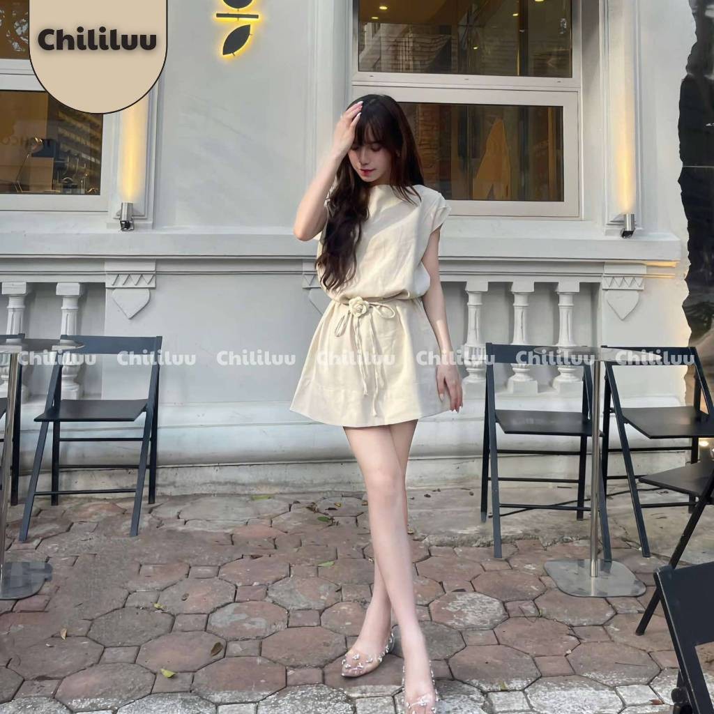 Váy linen Chililuu váy cách điệu chiết eo dang ngắn ngắn kèm hoa phong cách đơn giản thanh lịch