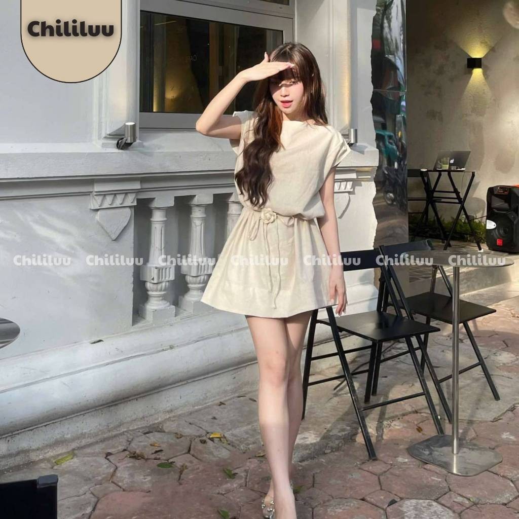 Váy linen Chililuu váy cách điệu chiết eo dang ngắn ngắn kèm hoa phong cách đơn giản thanh lịch