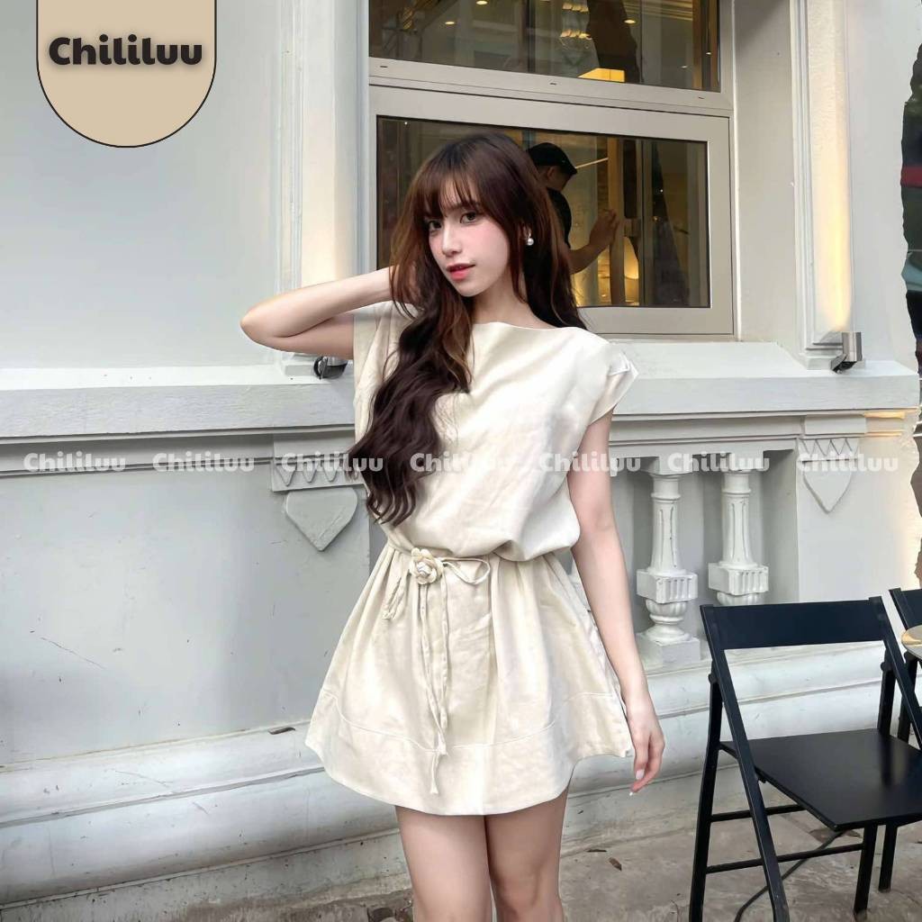 Váy linen Chililuu váy cách điệu chiết eo dang ngắn ngắn kèm hoa phong cách đơn giản thanh lịch