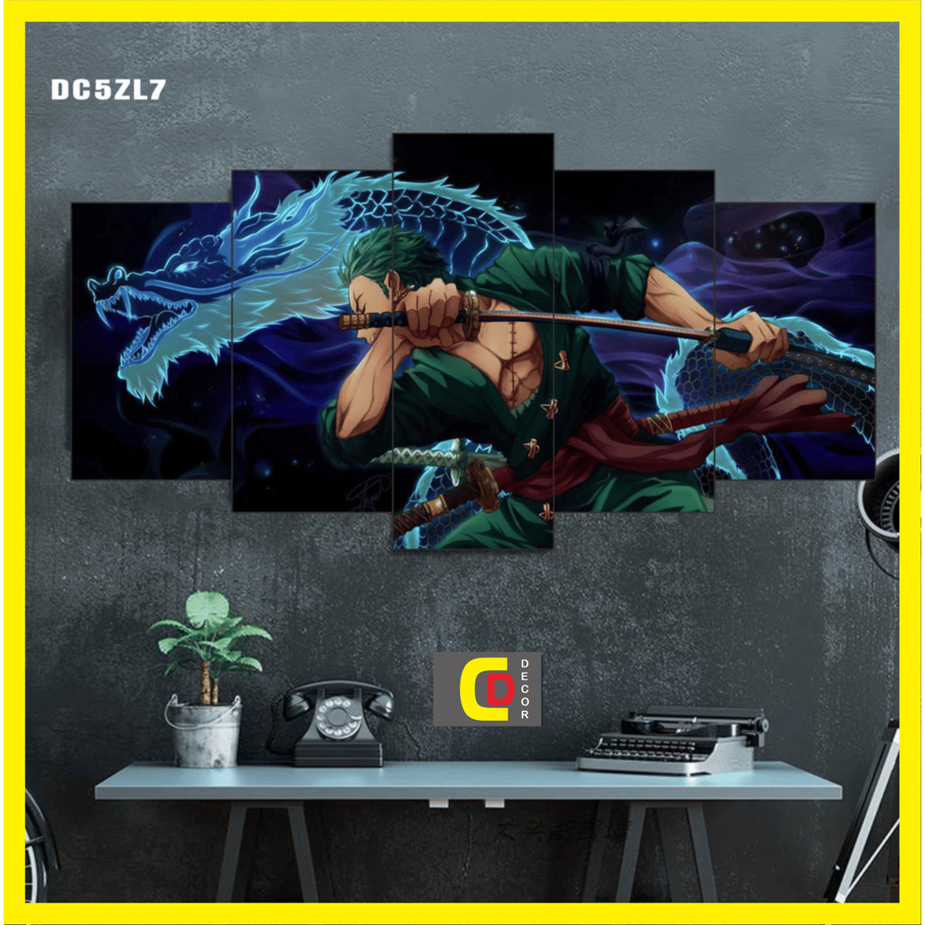 Bộ 5 Tấm Tranh Tráng Gương Ghép Decor Roronoa Zoro - one piece Dán Tường Kèm Keo 3M siêu bám dính