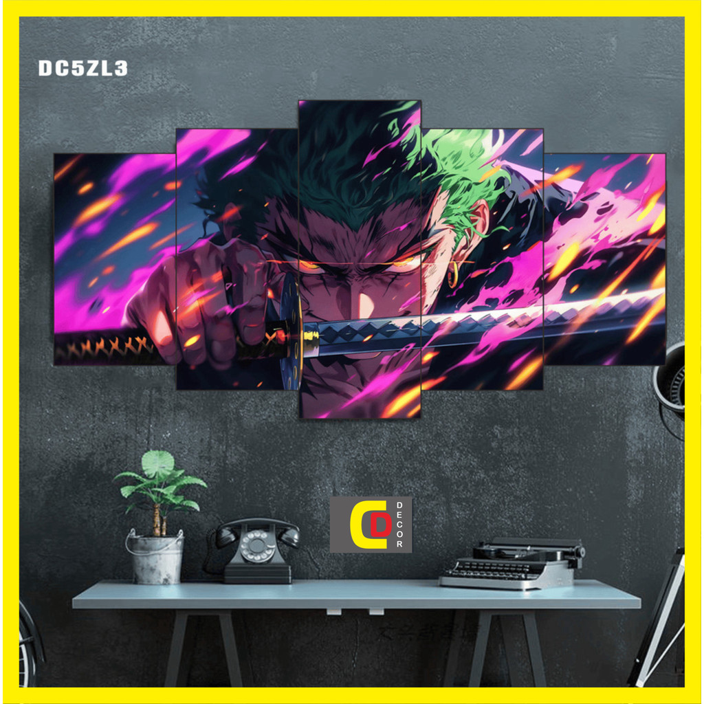 Bộ 5 Tấm Tranh Tráng Gương Ghép Decor Roronoa Zoro - one piece Dán Tường Kèm Keo 3M siêu bám dính