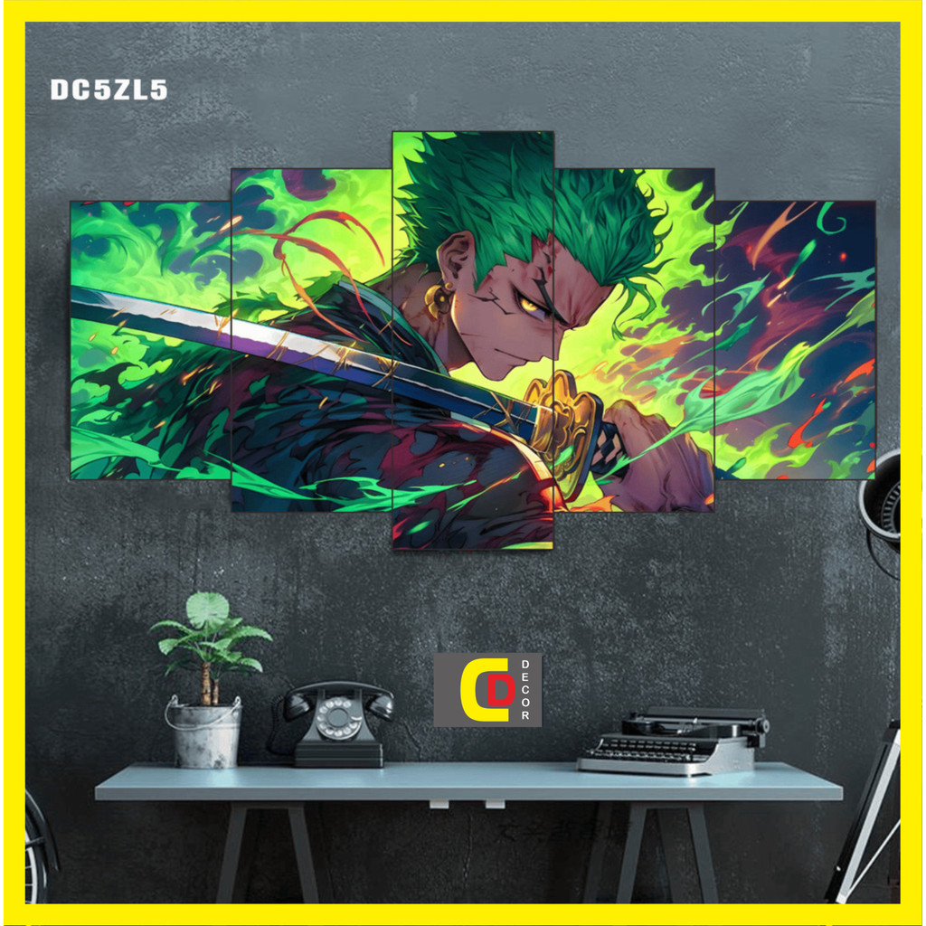 Bộ 5 Tấm Tranh Tráng Gương Ghép Decor Roronoa Zoro - one piece Dán Tường Kèm Keo 3M siêu bám dính