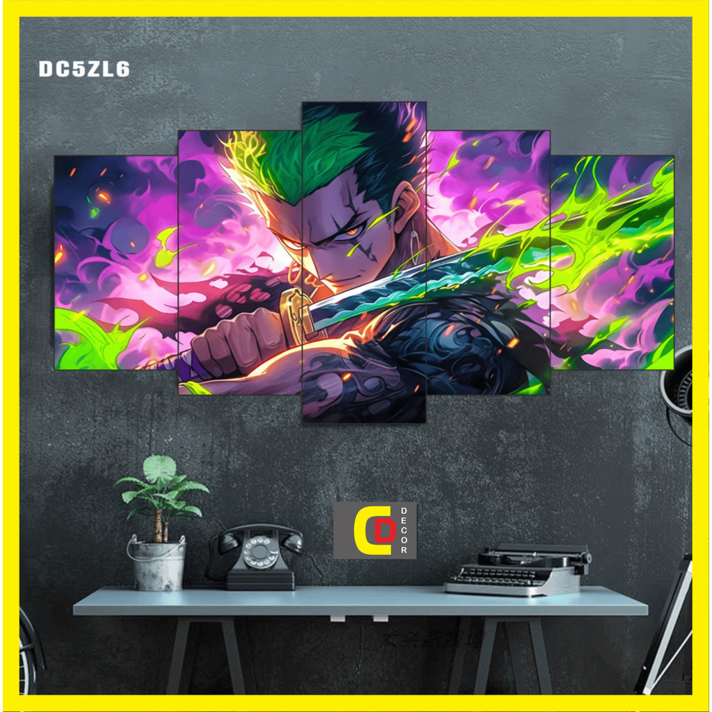 Bộ 5 Tấm Tranh Tráng Gương Ghép Decor Roronoa Zoro - one piece Dán Tường Kèm Keo 3M siêu bám dính