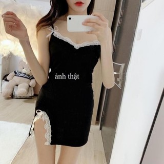 Váy ngủ phối ren xẻ đùi siêu quyến rũ viền nơ Tặng Chip DN106 Đồ ngủ nữ gợi cảm đính nơ viền hoa sexy