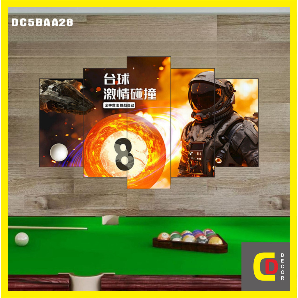 Bộ 5 Tấm Tranh Tráng Gương Ghép BI A - Decor Ball Billiards - Bida - Billiard Snooker Dán Tường Kèm Keo 3M siêu bám dính