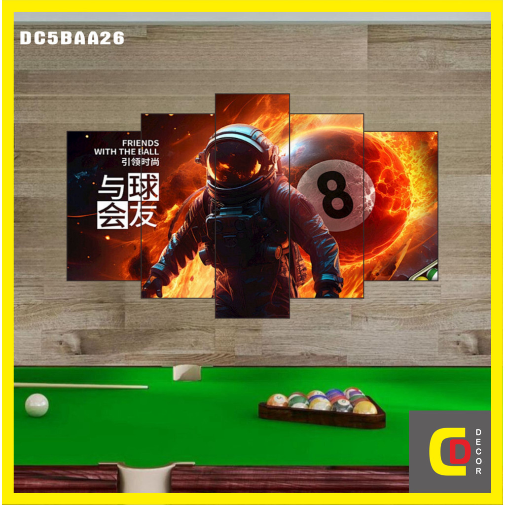 Bộ 5 Tấm Tranh Tráng Gương Ghép BI A - Decor Ball Billiards - Bida - Billiard Snooker Dán Tường Kèm Keo 3M siêu bám dính