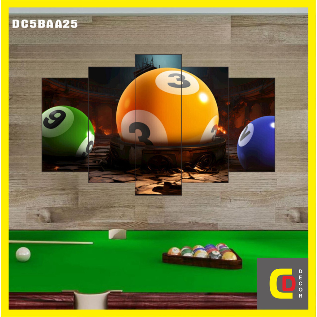 Bộ 5 Tấm Tranh Tráng Gương Ghép BI A - Decor Ball Billiards - Bida - Billiard Snooker Dán Tường Kèm Keo 3M siêu bám dính