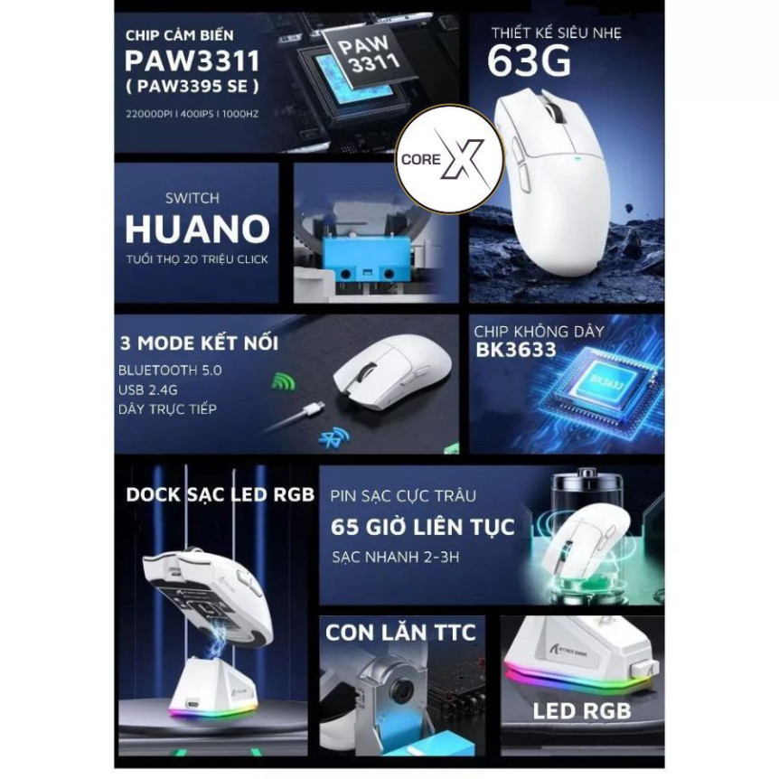 Chuột Gaming Attack Shark R1-X11 Siêu Nhẹ Chip Paw3311 Cực Mạnh 3 Mode Kết Nối Bluetooth / 2.4G / Type-C | BigBuy360 - bigbuy360.vn
