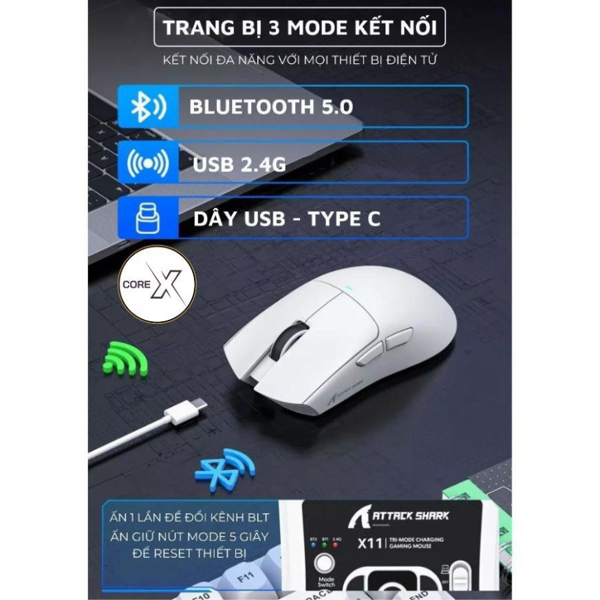 Chuột Gaming Attack Shark R1-X11 Siêu Nhẹ Chip Paw3311 Cực Mạnh 3 Mode Kết Nối Bluetooth / 2.4G / Type-C | BigBuy360 - bigbuy360.vn