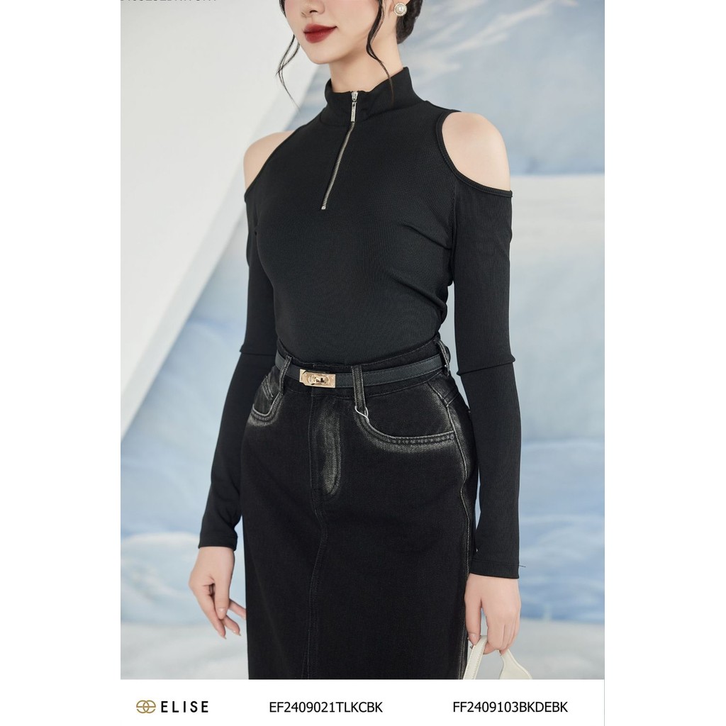 Ảnh Áo thun đen cutout vai khóa trước thiết kế Elise EF2409021TLKCBK 1