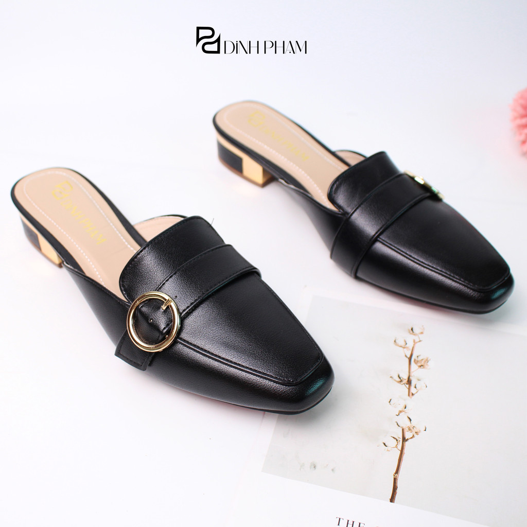 Giày sục nữ mũi vuông đính khuy tròn cao 2 phân, gót đồng - Giày công sở thanh lịch