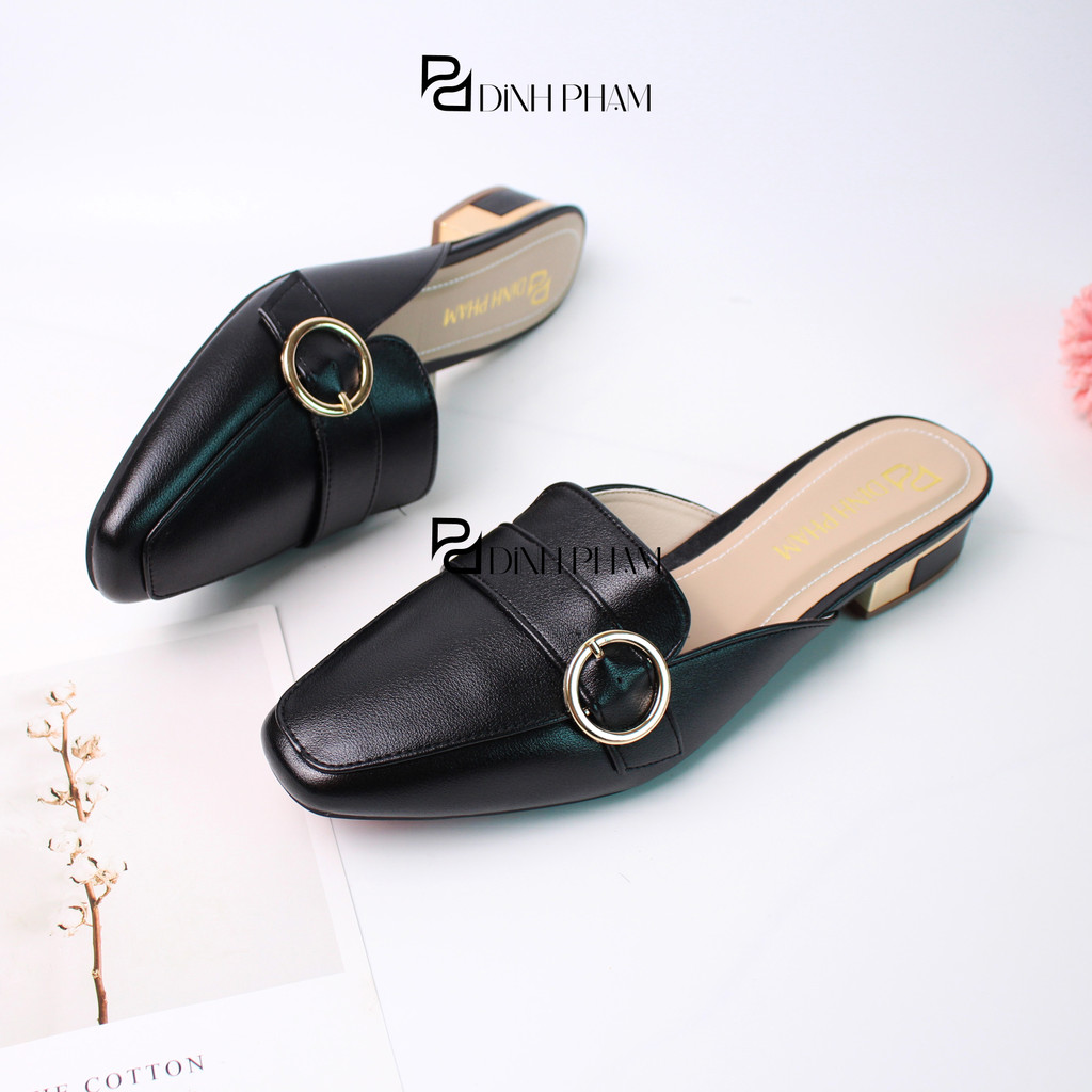 Giày sục nữ mũi vuông đính khuy tròn cao 2 phân, gót đồng - Giày công sở thanh lịch