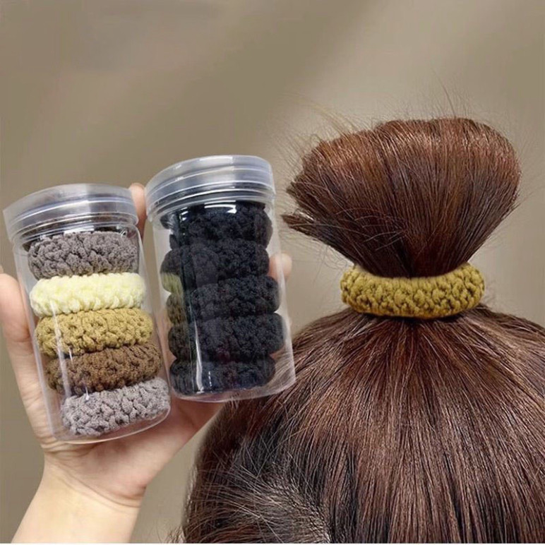 Hộp 6 Dây Buộc Tóc Màu Trơn Cho Nữ - Sét 6 chun cột tóc bằng vải nhiều màu sắc kèm ống đựng