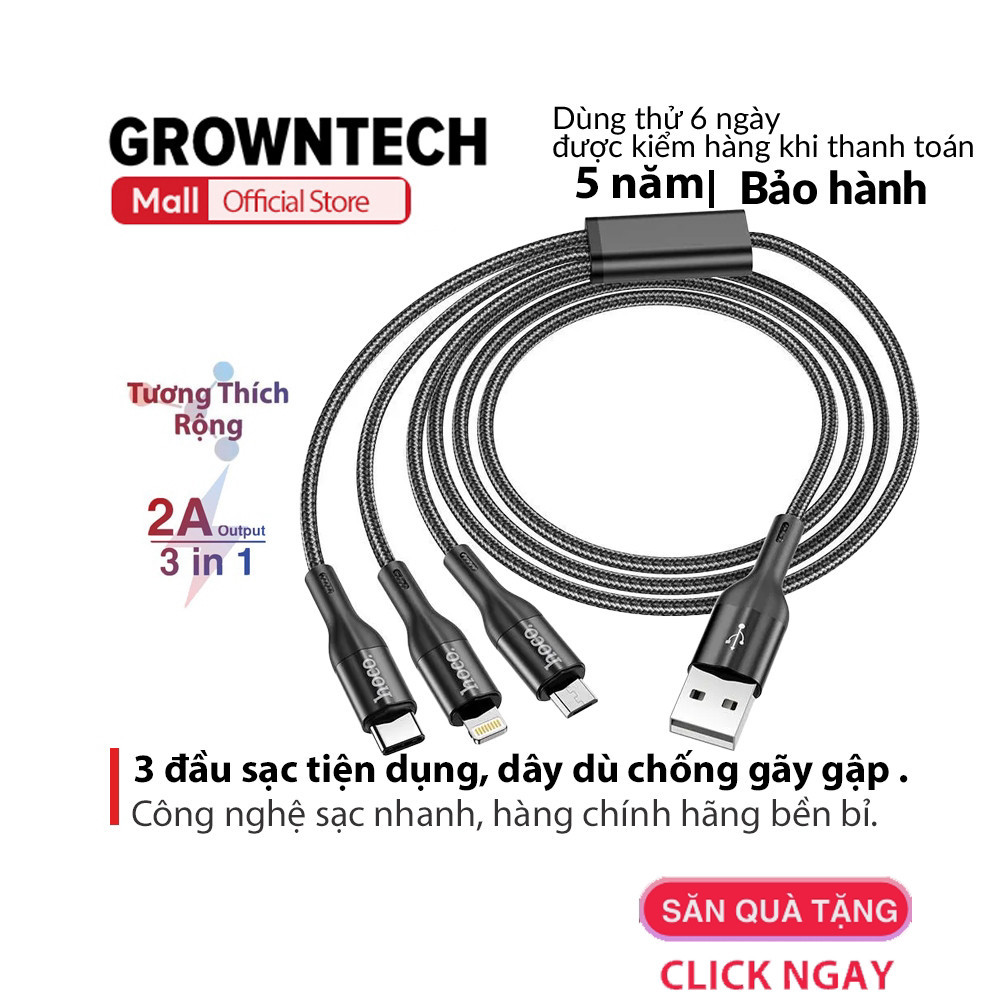 Cáp sạc nhanh Hoco siêu bền dây dài 1m đầu X2 max 3A cao cấp