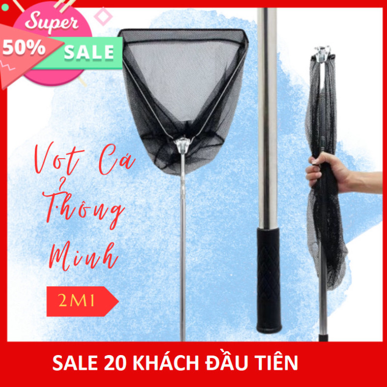 Vợt vớt cá THÔNG MINH có thể gấp gọn, cán inox 2m1 tải cá lớn- SOMIA_fishing aghai899