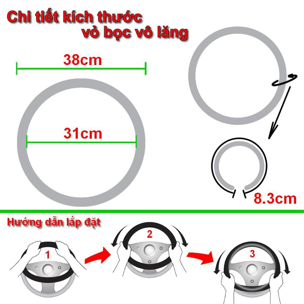 Bọc vô lăng ô tô chất liệu da bò thật 3 khoang nguyên tấm cho các dòng xe 4 đến 16 chỗ, xe bán tải size 38cm . .