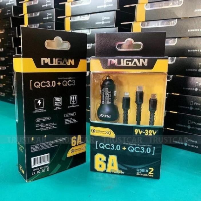 Tẩu Sạc Ô tô, Bộ Tẩu Sạc Xe Hơi PUGAN 6A Bộ Sạc 3 Trong 1 Cao Cấp. + Dây Sạc, Dùng Nguồn 12V-24V Sạc Điện Thoại Tiện Lợi