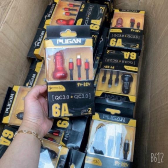 Tẩu Sạc Ô tô, Bộ Tẩu Sạc Xe Hơi PUGAN 6A Bộ Sạc 3 Trong 1 Cao Cấp. + Dây Sạc, Dùng Nguồn 12V-24V Sạc Điện Thoại Tiện Lợi