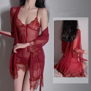 Đồ ngủ nữ gợi cảm sexy gồm Váy và Áo choàng kiểu đầm 2 dây xuyên thấu tặng Quần lót khiêu gợi quyến rũ