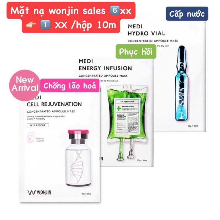 (hộp 30m) Mask Wonjin mẫu mới hộp 10 miếng mặt nạ cấp ẩm, phục hồi, chống lão hóa