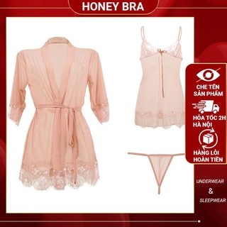 Đồ ngủ nữ gợi cảm sexy gồm Váy và Áo choàng kiểu đầm 2 dây xuyên thấu tặng Quần lót khiêu gợi quyến rũ