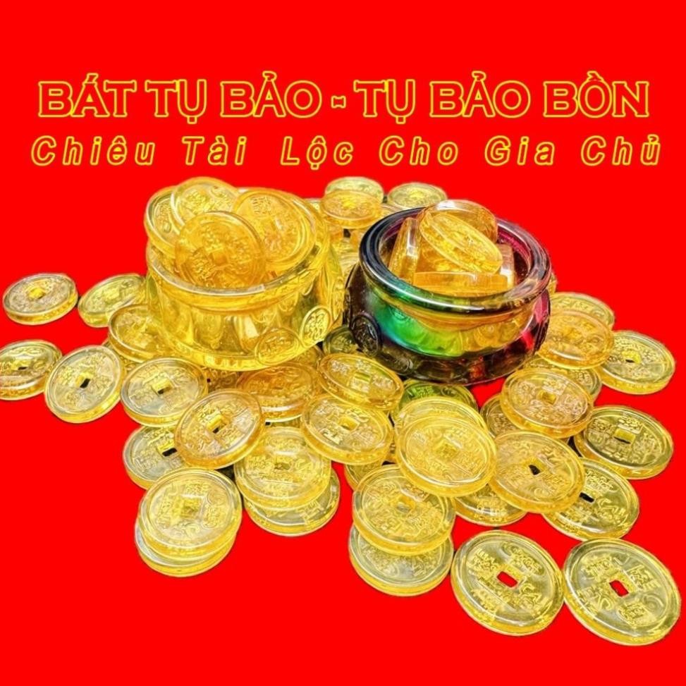 [RƯỚC LỘC] Bộ Bát Tụ Bảo Bồn Kim Ngân Thủy Tinh + 7 Đồng Xu 9 Đồng Xu Cổ Âm Dương Pha Lê Phong Thủy, trang trí, decor
