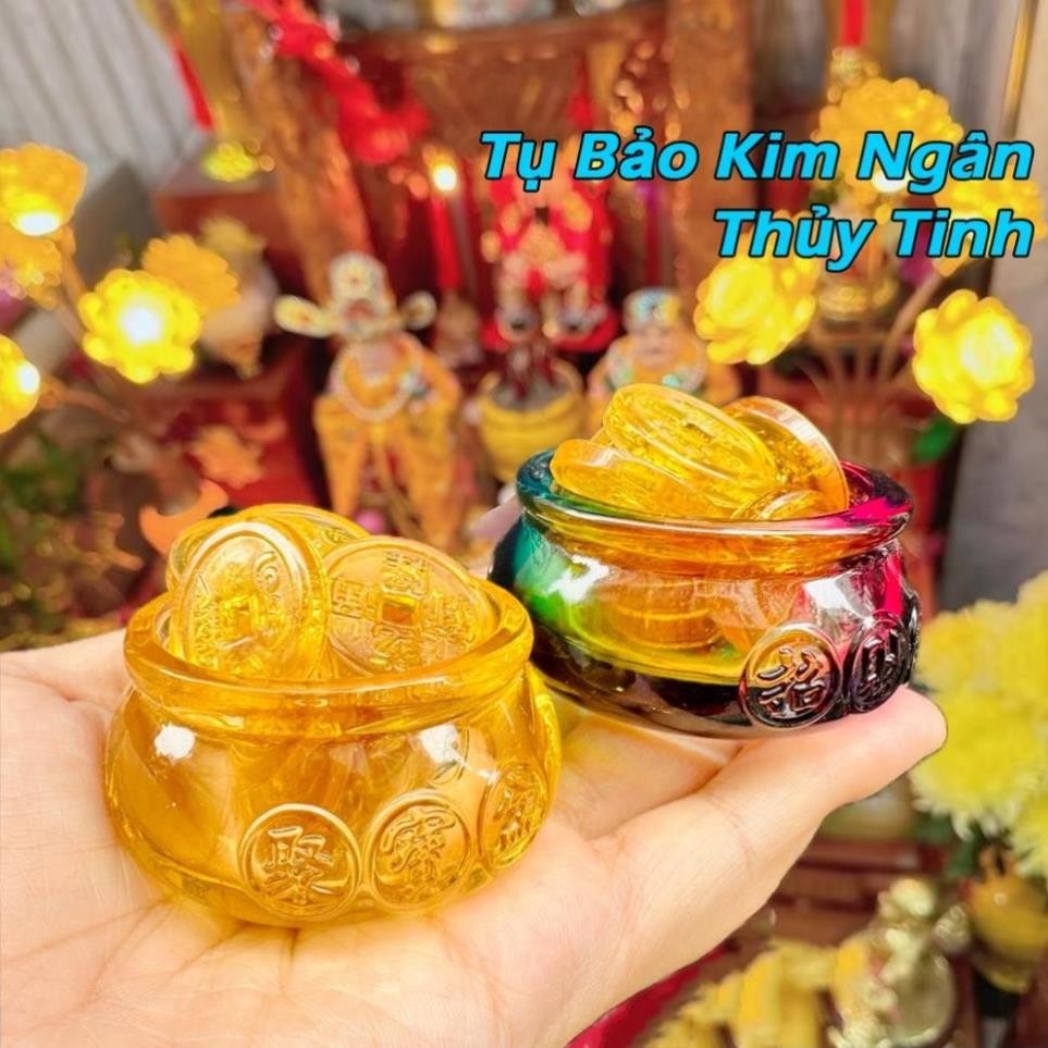 [RƯỚC LỘC] Bát Tụ Bảo Thủy Tinh + Combo 7 Xu 9 Xu Thủy Âm Dương Pha Lê trang trí, chiêu hút tài lộc cho gia chủ