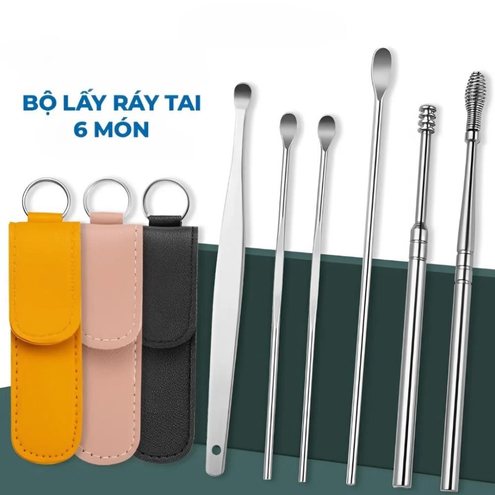 Bộ Dụng Cụ Lấy Ráy Tai Inox 6 Món Có Túi Da PU – An Toàn, Tiện Lợi, Tái ...