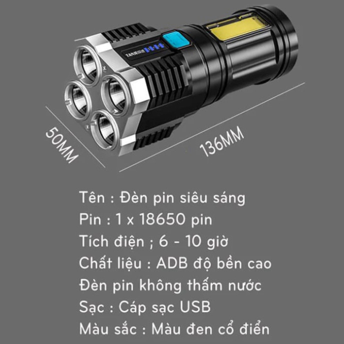 Đèn Pin Cầm Tay Siêu Sáng Chiếu Xa 200M 4 Chế Độ Sáng, Chống Thấm Nước, Có COB Led hông HOT HOT