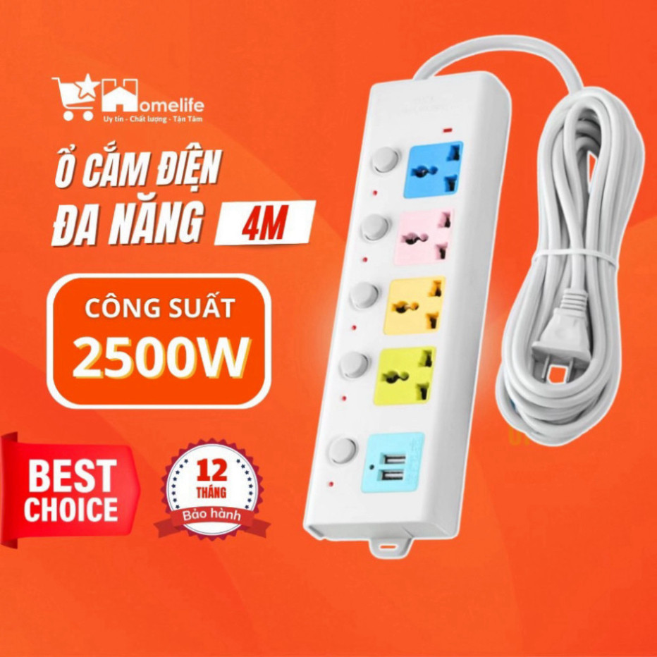 Ổ Cắm Điện USB Đa Năng Cao Cấp Chống Giật Dây Dài 4m, 2 Cổng Cắm USB Có Chốt An Toàn Tiện Dụng HOT