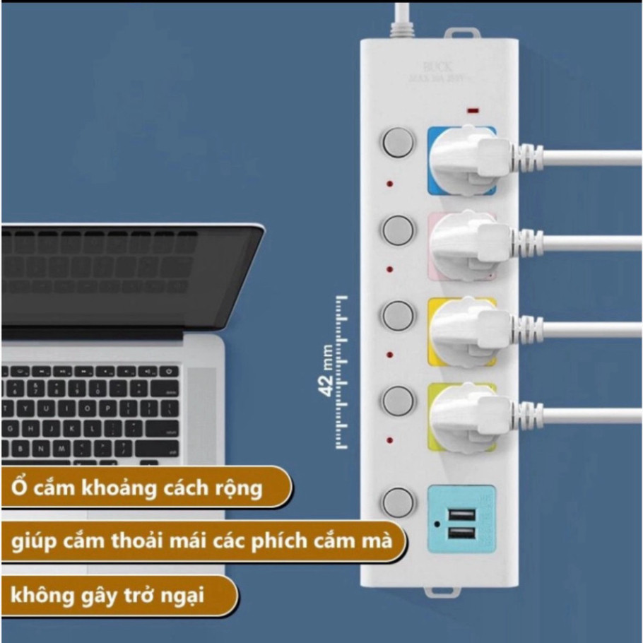 Ổ Cắm Điện USB Đa Năng Cao Cấp Chống Giật Dây Dài 4m, 2 Cổng Cắm USB Có Chốt An Toàn Tiện Dụng HOT