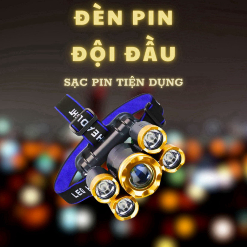 Đèn Pin Đội Đầu 5 Bóng Pin Sạc Thiết Kế Chống Nước IPX4 Công Suất 10W Bóng Led 10000 Giờ  HOT