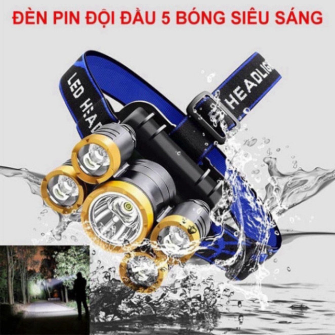 Đèn Pin Đội Đầu 5 Bóng Pin Sạc Thiết Kế Chống Nước IPX4 Công Suất 10W Bóng Led 10000 Giờ  HOT