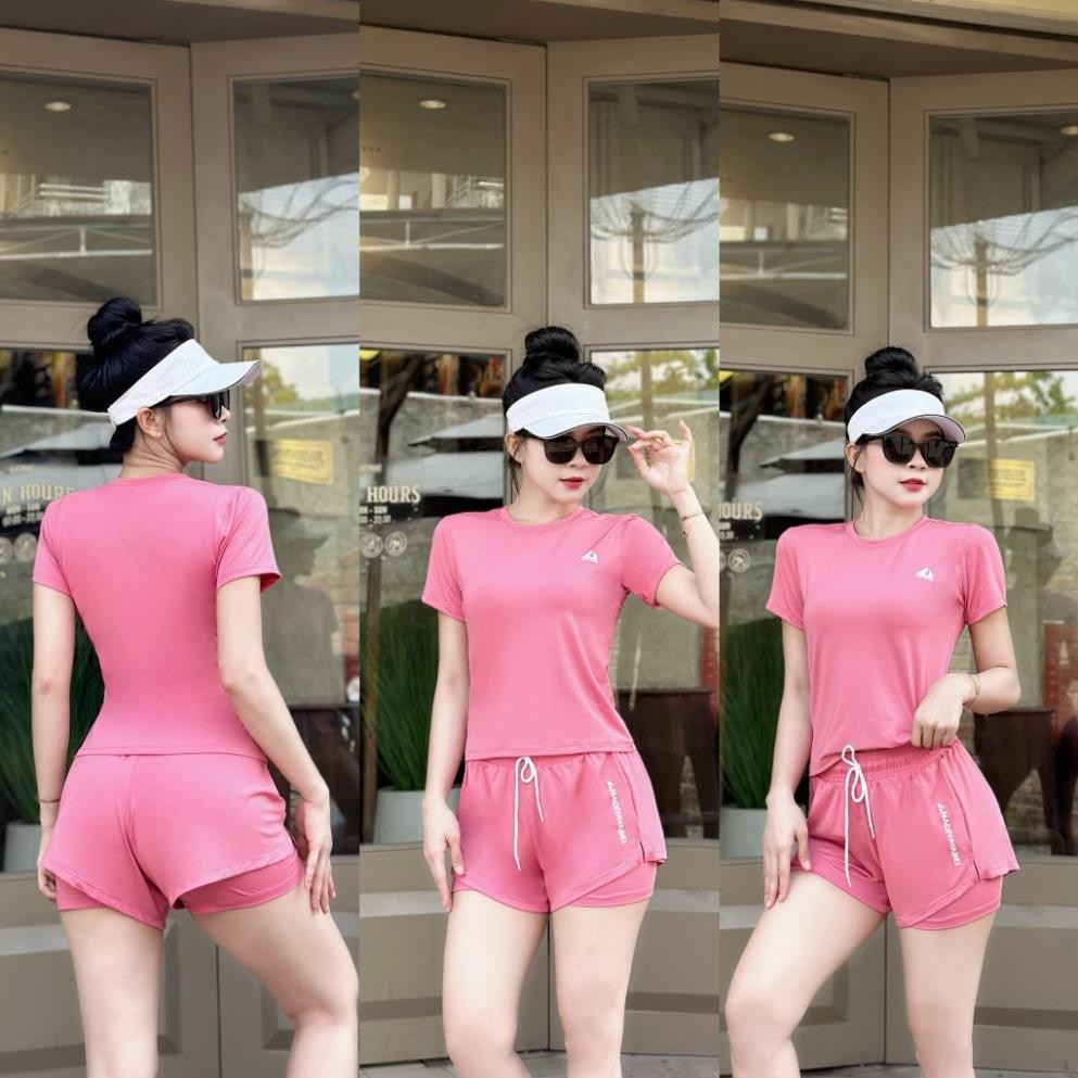 (CÓ TÚI) Bộ Tập Gym Nữ, Quần Áo Tập Gym Yoga Aerobic Pickleball Chạy Bộ Đạp Xe Nữ Áo Cộc Tay Quần Đùi 2 Lớp(Ng18)