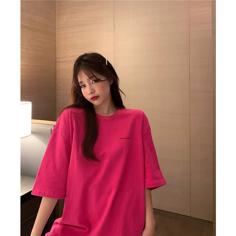 Áo thun nữ in chữ save yoursefl form rộng màu hồng ATD240 Miucho cổ tròn basic