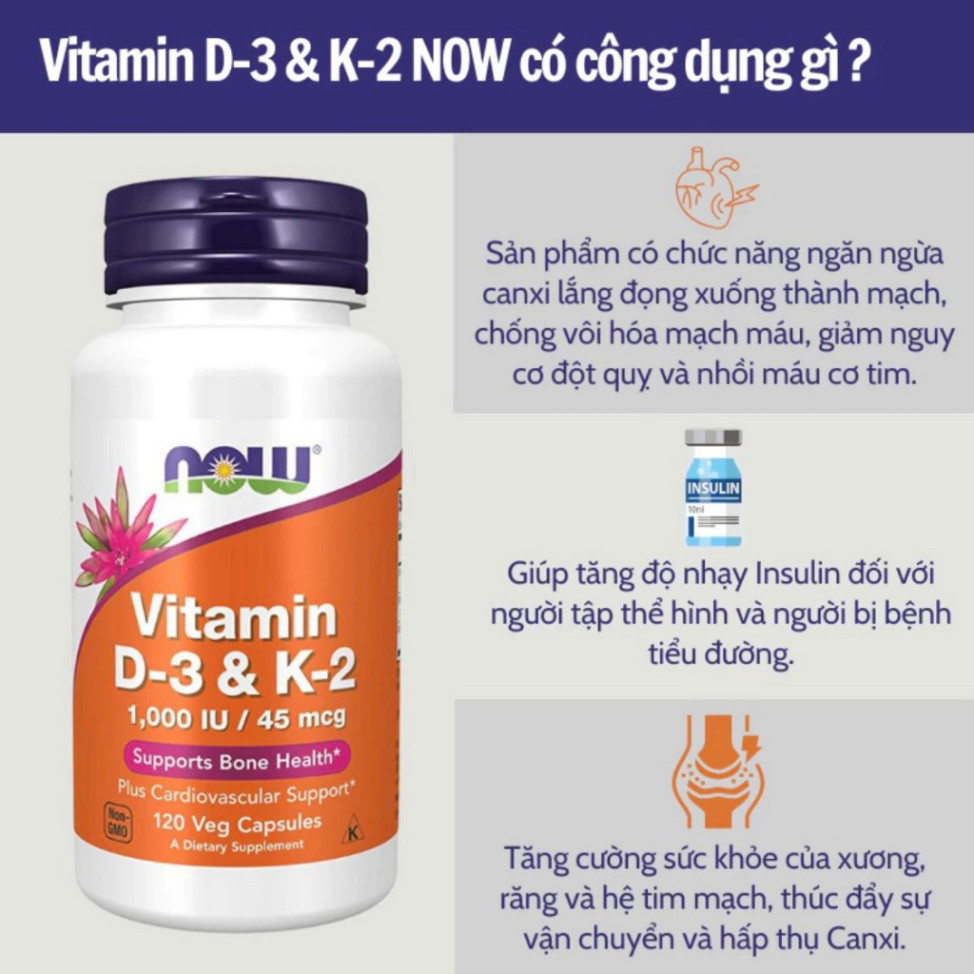 VITAMIN NOW D3 K2 , VITAMIN D3K2 MỸ, HỖ TRỢ XƯƠNG CHẮC KHỎE, TĂNG ĐỀ KHÁNG, MIỄN DỊCH