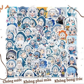 Set combo 50 miếng dán sticker anime Hololive Gawr Gura dán nón mũ bảo hiểm laptop vali sổ tay đàn guitar điện thoại