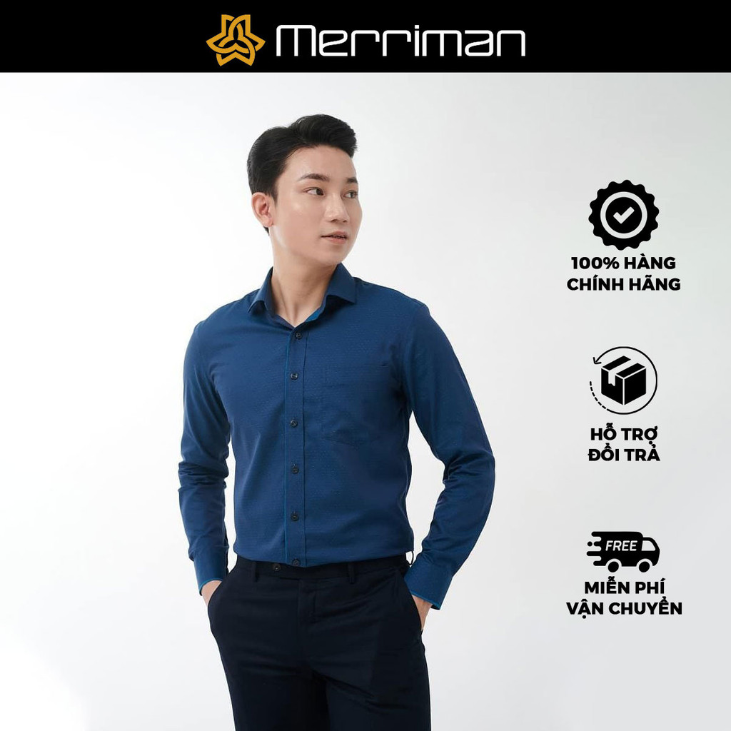 MERRIMAN SALE - Áo Sơ Mi MERRIMAN Tay Dài, Màu Xanh Dương , Họa Tiết Chấm, Form Slim Fit Lai Bầu