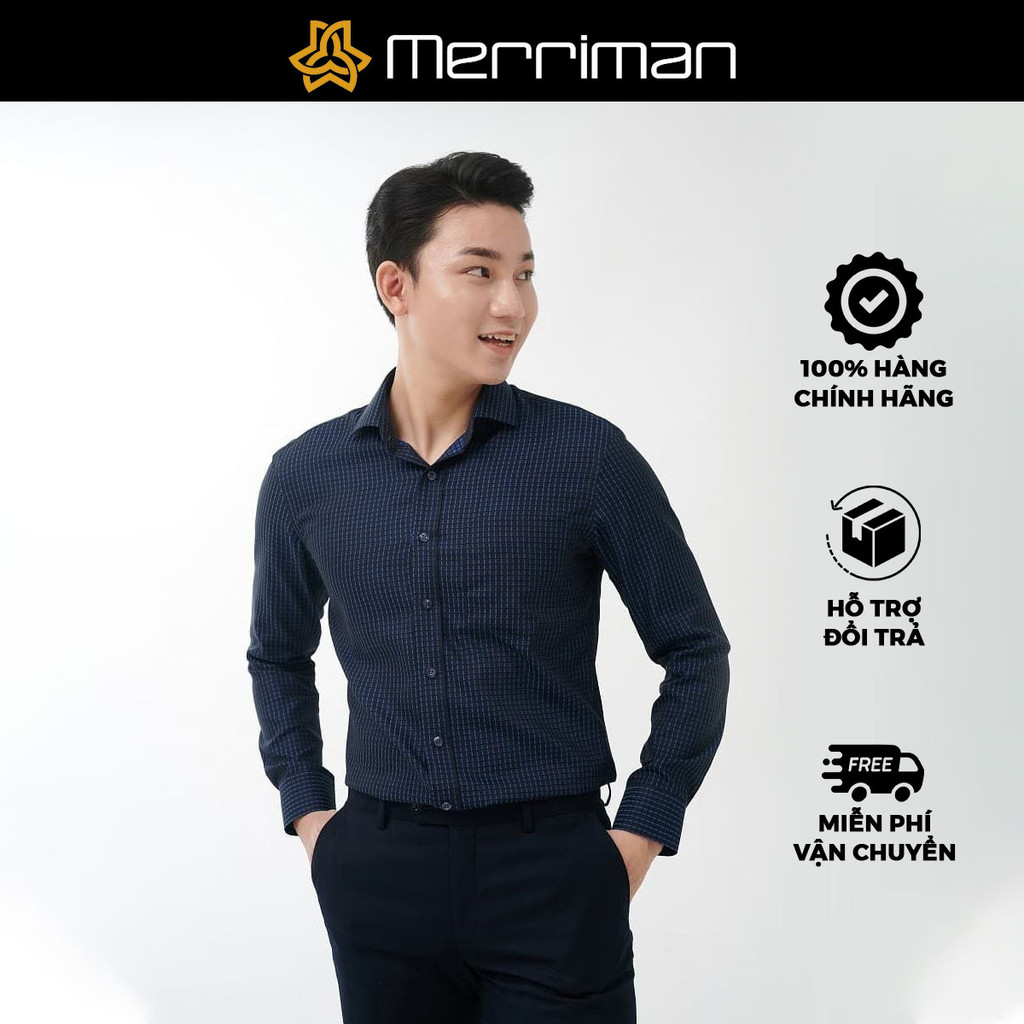 MERRIMAN SALE - Áo Sơ Mi MERRIMAN Tay Dài, Màu Xanh Navy , Họa Tiết Caro, Form Slim Fit - Lai Bầu