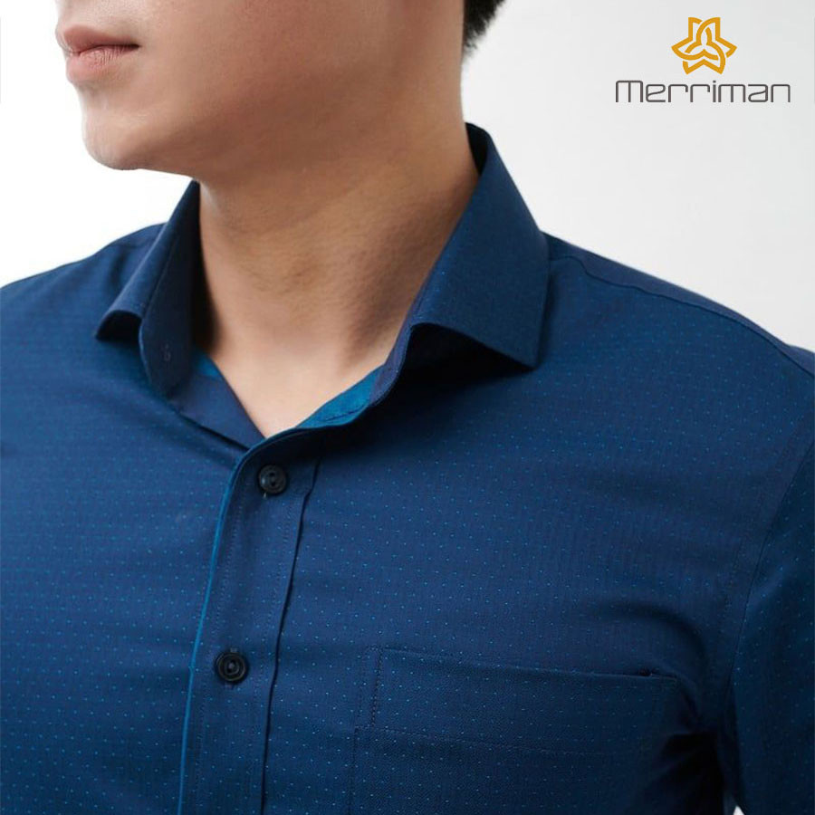 MERRIMAN SALE - Áo Sơ Mi MERRIMAN Tay Dài, Màu Xanh Dương , Họa Tiết Chấm, Form Slim Fit Lai Bầu