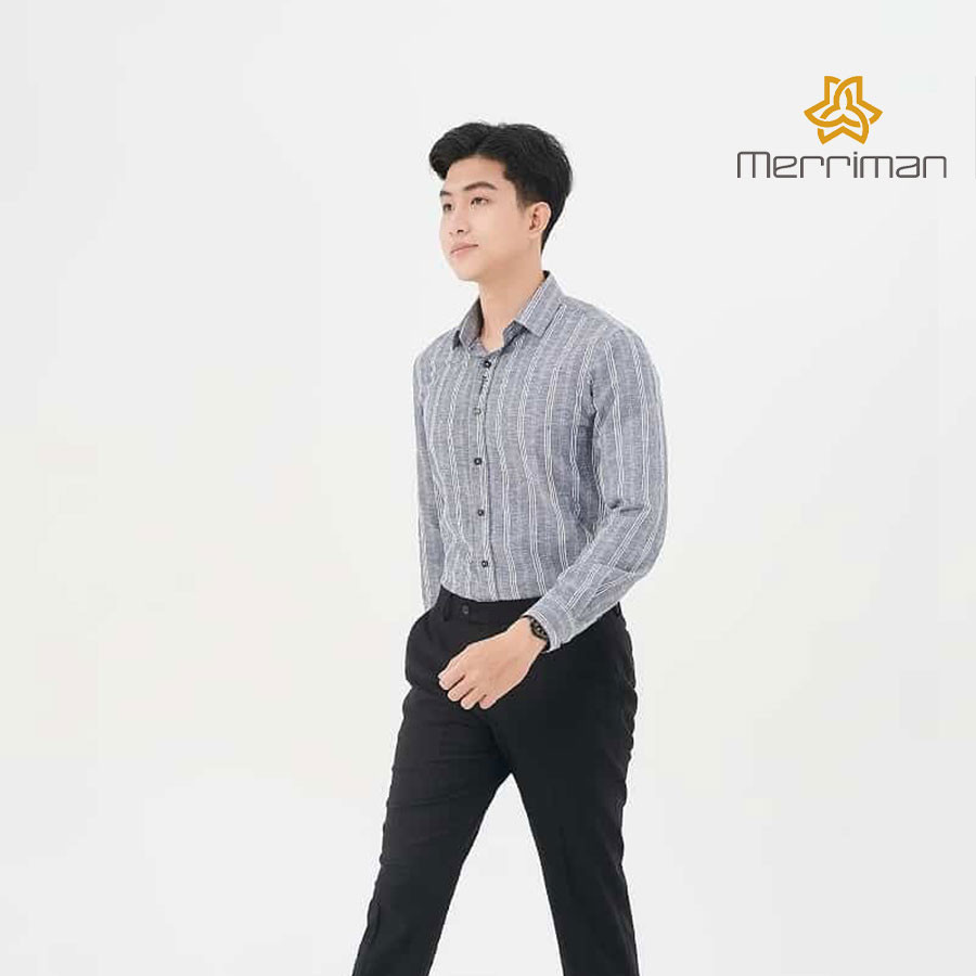MERRIMAN SALE - Áo Sơ Mi MERRIMAN Tay Dài, Màu Xám - Trắng , Họa Tiết Sọc Dọc, Form Slim Fit Lai Bầu
