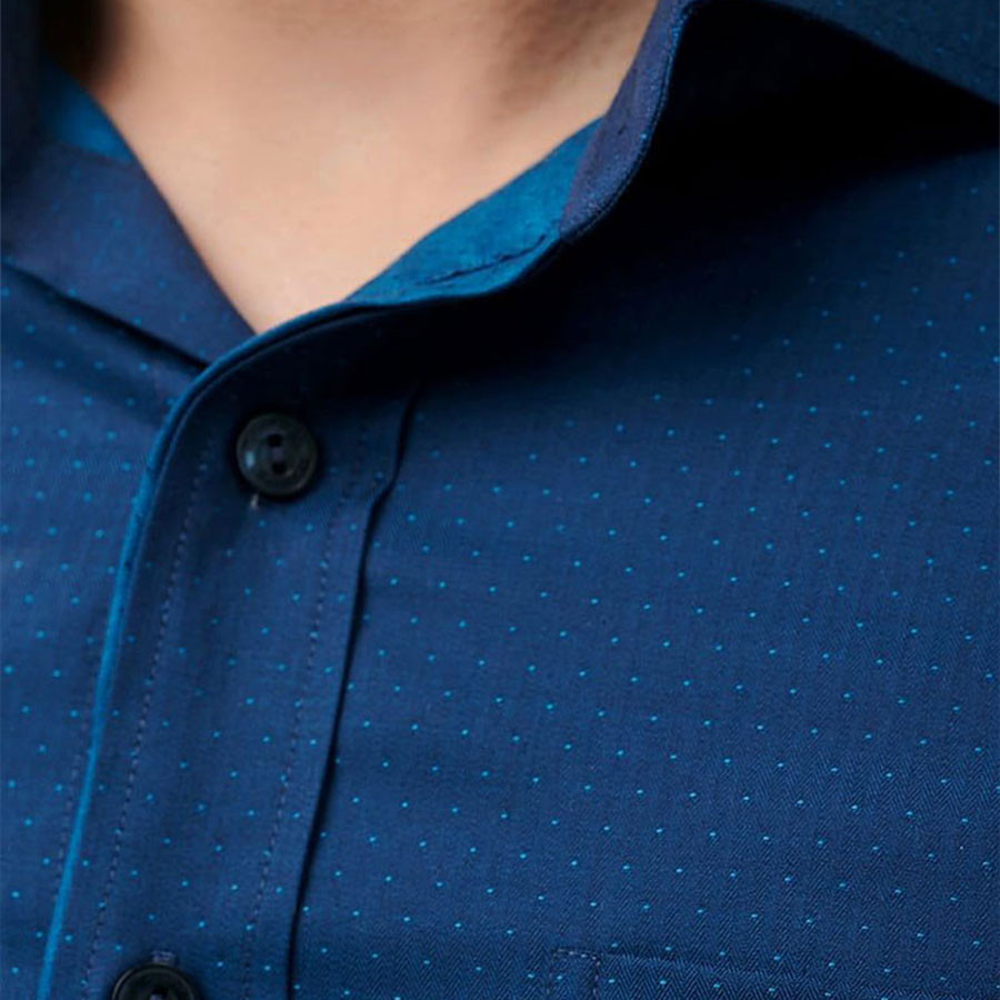 MERRIMAN SALE - Áo Sơ Mi MERRIMAN Tay Dài, Màu Xanh Dương , Họa Tiết Chấm, Form Slim Fit Lai Bầu