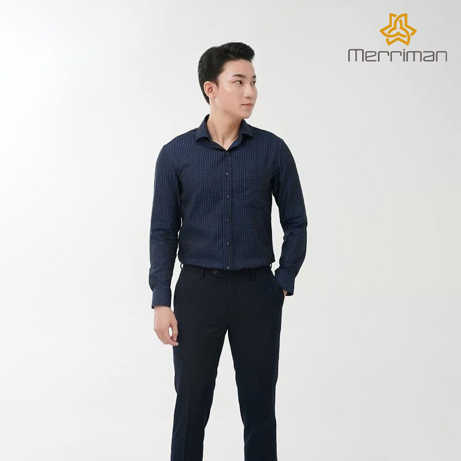 MERRIMAN SALE - Áo Sơ Mi MERRIMAN Tay Dài, Màu Xanh Navy , Họa Tiết Caro, Form Slim Fit - Lai Bầu