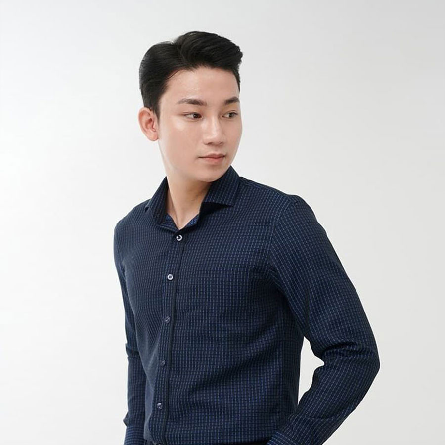 MERRIMAN SALE - Áo Sơ Mi MERRIMAN Tay Dài, Màu Xanh Navy , Họa Tiết Caro, Form Slim Fit - Lai Bầu